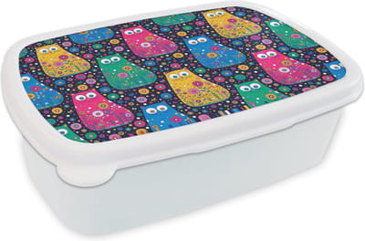 Broodtrommel Wit - Lunchbox - Brooddoos - Kat - Regenboog - Bloemen - 18x12x6 cm - Volwassenen