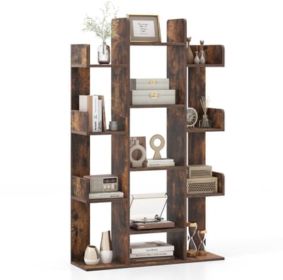 COSTWAY Boekenkast in boomvorm, rek met 13 open vakken, staand rek, opbergrek voor woonkamer of kantoor, vintage bruin, 86 x 24,5 x 141 cm