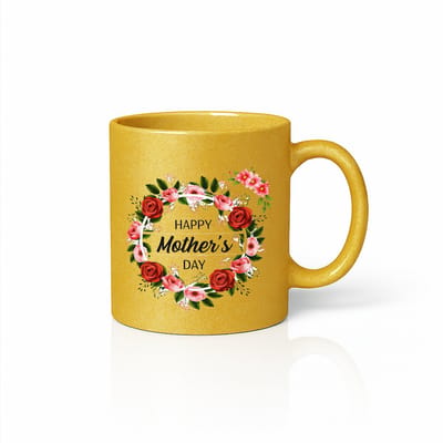 Luxe Gouden Moederdag Mok - Glanzend Goud - Rode Bloemenkrans Rozen - 330ml Uniek Cadeau