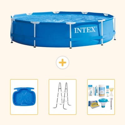 Intex Rond Frame Zwembad - 305 x 76 cm - Blauw - Inclusief Voetenbad - Ladder - Onderhoudspakket - 4-delig