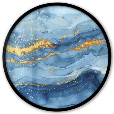 Poster in lijst Rond - Fotolijst 40x40 cm - Posters - Watercolor - Blauw - Kunst - Goud - Luxe - Modern - Ronde posterlijst zwart - Decoratie - Wanddecoratie woonkamer - Muurdecoratie slaapkamer