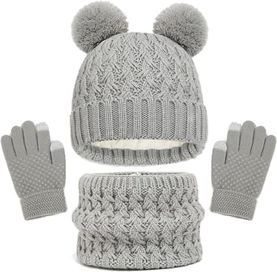 3-in-1 warme winteroutfit - gebreide wintermuts voor kinderen - muts met pompons - sjaal en handschoenen - fleecevoering - zacht en huidvriendelijk - warme nekwarmer - touchscreen handschoenen - geschikt voor kinderen van 2-8 jaar - Grijs