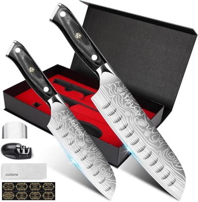 Set van 2 professionele Santoku en koksmes, 7 inch en 5.5 inch, met beschermhoes en schoonmaakdoek, ideaal als cadeau voor koks