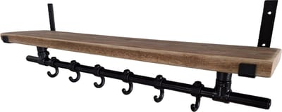 Wandkapstok Industrieel - 70 Cm - Steigerhout - Kapstok met Bovenplank - Stalen Plankdragers Zwart - 6 Haken - Inclusief Bevestigingsmateriaal