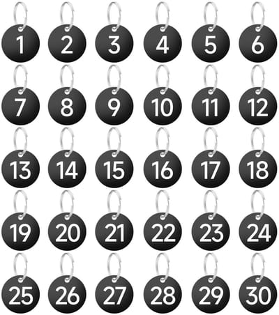 Dailygoods- Sleutelhanger 1-30 nummerplaten - Kunststof met metalen ringen - Etiketten voor kluisjes - Sleutelhanger met ring - Diameter 3,5 cm - Brutogewicht 94,7 g - Nummerlabels