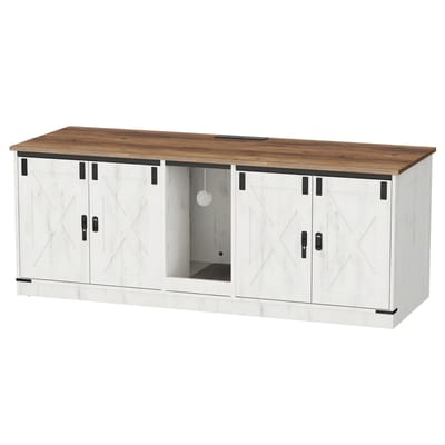 Kattenbak Kast – Voor Binnenkatten – Verborgen Kattenbak Meubel met USB, Stopcontact en Kattenhuis voor 2 Katten – Bruin/Wit
