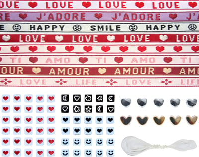 Principessa Festivallint pakket voor armbanden – 5 x 1 meter Festival lint / Love Lint / Tekst Lint – Rood/Roze/Zwart/Wit mix – 70 lintkralen met groot gat