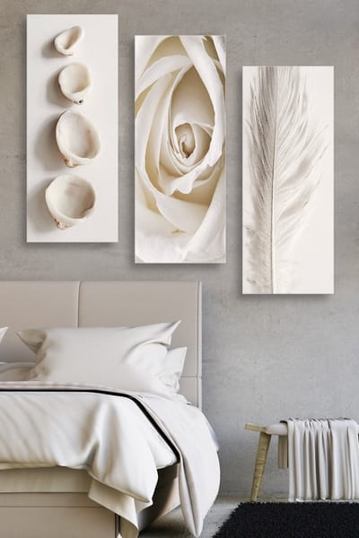 Woondecoratie - Schelpen, Roos & Veer MDF Schilderij (Set van 3) - Veelkleurig Design - Ideaal formaat 70x50x0.3cm voor elke ruimte