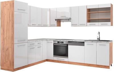 Vicco Hoekkeuken Fame-Line, Wit Hoogglans/Goudkleurig Eiken, 287 x 227 cm, WB Marmer