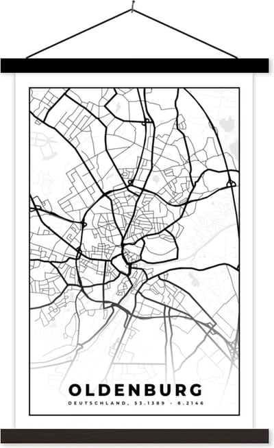 Posterhanger incl. Poster 40x60 cm - Schoolplaat - Kaart - Plattegrond - Stadskaart - Oldenburg - Textielposter - Zwarte latten - Stadskaart