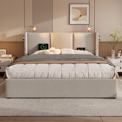 Polsterbed Dubbelbed 160x200cm - Opbergruimte, USB, leeslamp, linnen, lattenbodem (zonder matras)