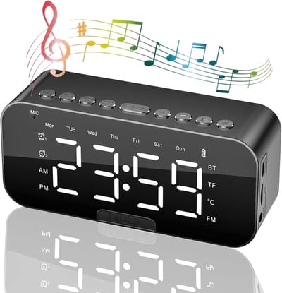 Bedside Alarm Clock, Alarm Clock Radio with Bluetooth Speakers, Digital Alarm Clock for Bedroom, Portable Mirror Alarm Clock with Dual Alarm, Snooze, LED Display, 3 Levels Adjustable Dimmable, USB Rechargeable