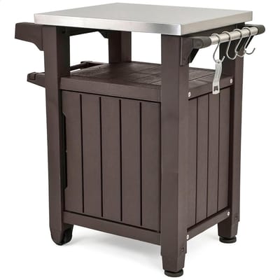Buitenkeuken Kar - Mobiele Bar Tafel - Feestjes Organiseren - Roestvrijstalen Werkblad - 89.9 x 75.2 x 57.7 cm - Donkerbruin