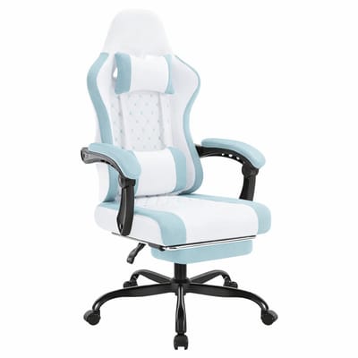 BukkitBow - Ergonomische Massage Gaming Stoel met Voetensteun - Mesh-Stof - Wit/Blauw