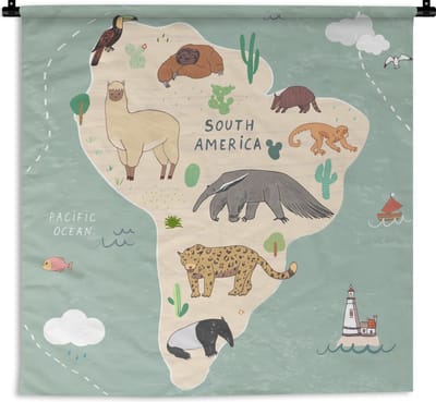 Wandkleed Wereldkaart met dieren - Kaart van Zuid-Amerika met dieren in het groen Wandkleed katoen 60x60 cm - Wandtapijt met foto