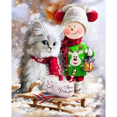 Diamond Painting Cross Stitch Volledige Ronde Boor Kind en kat Diamantborduurwerk 20X30CM gray
