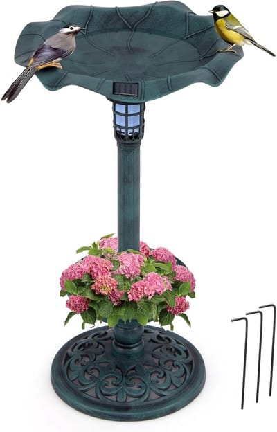 COSTWAY Vogelbad met solarlamp, bloempot, waterbak en standaard, retro vogelvoederstation, voederdispenser, vogelvoederdispenser, wilde vogelbad, tuin, binnenplaats, terras, Ø 43 x 76 cm (groen)