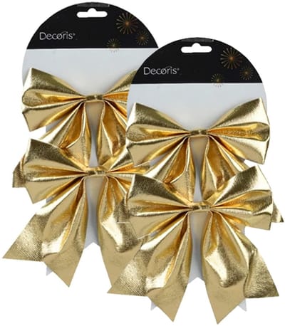 Decoris Kerstornamenten strikken - 4x - glanzend goud - 15 x 17 cm - kerstboomstrikjes - kerstversiering strikjes