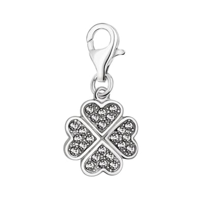 Quiges – Charm – Hanger - Klaver met Zirkonia - Verzilverd - karabijnslot - geschikt - voor - Bedelarmband - QHC021