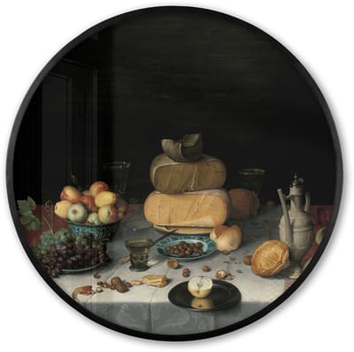 Poster in lijst Rond - Fotolijst 60x60 cm - Posters - Stilleven met kazen - Kunstwerk - Oude meesters - Ronde posterlijst zwart - Decoratie - Wanddecoratie woonkamer - Muurdecoratie slaapkamer