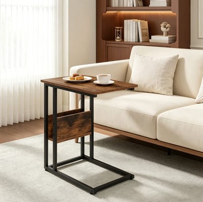 Bijzettafel - C-Vorm Met Opbergplank - Ruimtebesparend Voor Bank Bed En Woonkamer - Hout En Metaal - 55 x 36 x 59,5 Cm - Rustiek Bruin