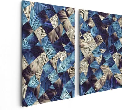 Artaza Canvas Schilderij Tweeluik Abstracte Kunst met Blauwe en Gouden Ruiten - 80x60 - Foto Op Canvas - Canvas Print