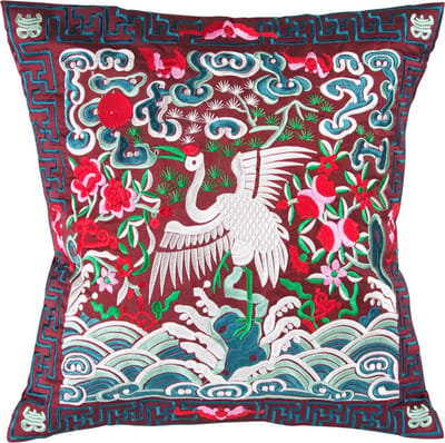 Fine Asianliving Chinese Kussen Volledig Geborduurd Bordeaux Kraanvogel 45x45cm