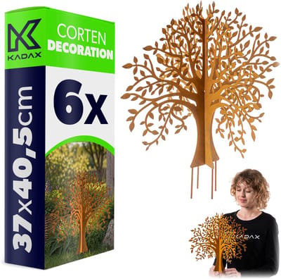 KADAX tuinpinnen in de vorm van een boom van cortenstaal, 6 stuks, tuinversiering van patineerend staal om in de grond te steken, metalen pinnen met roestlook voor in de tuin, weerbestendige metalen decoratie, roestpinnen