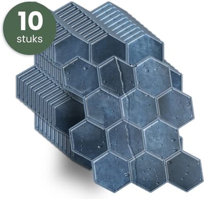 STACK® Plaktegels - 10 Stuks - Hexagon Tegel - Blauw - 25.4 x 23.8 cm - Zelfklevende Tegels & Tegelstickers - Plak Tegels - Wandtegel Stickers & Zelfklevende Wandtegels - Keuken & Badkamer Tegels - 3D Muurstickers