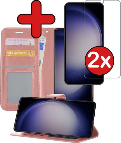Hoesje - Met 2x Screenprotector - Geschikt voor Samsung Galaxy S23 - Luxe Pasjeshouder - Flip Case - Bookcase Portemonee - Kunstleer Book Case - Flipcase Hoes - Book Cover - Walletcase - Portemonneehoes - Telefoonhoes - Rosé goud
