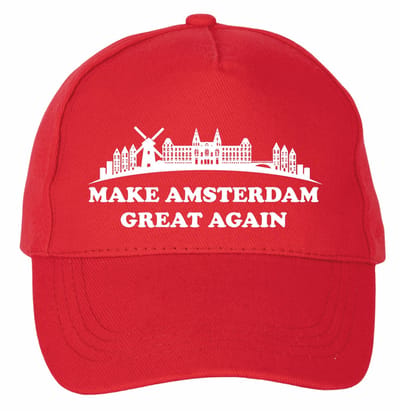 Mijncadeautje - 5 panel - Cap - Verstelbaar - Rode pet van 100% dik geborsteld katoen- unisex - opdruk wit - Make Amsterdam Great again