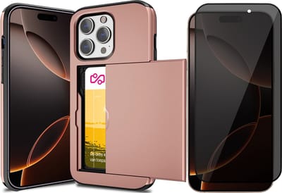 Hoesje met Pasjeshouder geschikt voor iPhone 16 Pro - Privacy Screen Protector FullGuard - Back Cover SlideCase Roségoud & Screenprotector