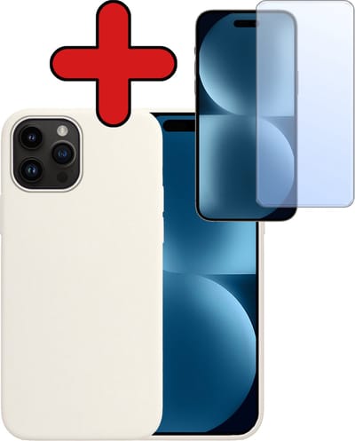 Hoesje - Met Screenprotector - Geschikt voor Apple iPhone 15 Pro - Sterk & Shockproof - Telefoon Hoes - Back Cover - Siliconen Case - Telefoonhoes - Wit
