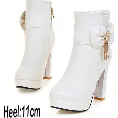 Zoete Dames Enkellaarsjes Strass Strik Zijrits Hoge Hak Enkellaarsjes Vrouwelijke Winter Pluche Laarzen 38 white