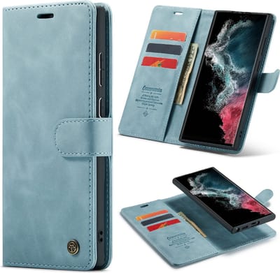 Casemania Hoesje Geschikt voor Samsung Galaxy S22 Ultra - Aqua Blue - 2 in 1 Magnetic Book Case