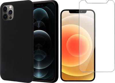 Hoesje geschikt voor iPhone 12 / 12 Pro - Screenprotector GlassGuard - Zwart Liquid Siliconen Case