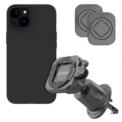 Accezz EasyLock telefoonhouder auto - inclusief hoesje voor de Apple iPhone 15 - Ventilatierooster - 360 graden draaibaar - Zwart stickers + Color Backcover voor de Apple iPhone 15