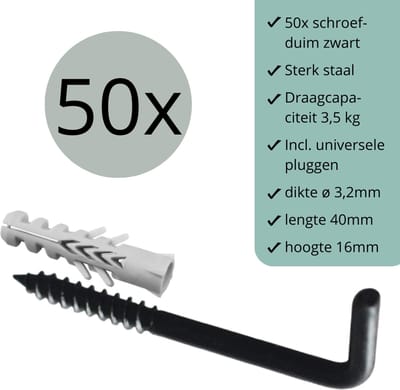 Schroefduimen Zwart - 50 stuks - 40mm x 16mm x ø3,2mm (schroef haak - schroef duim - ophang haak - wand haak)