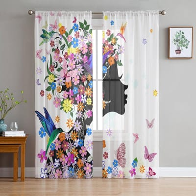 Fantasy Vrouw Vlinder Kleur Bloem Tule Gordijnen Voor Woonkamer Decoratie Modern Chiffon Transparant Voile Keukengordijn 135W x 114H(cm) gray