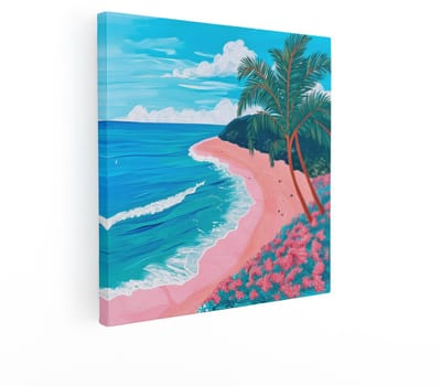 Artaza Canvas Schilderij Tropisch Strand - 70x70 cm - Wanddecoratie Palmbomen - Muurdecoratie Zee - Decoratie Roze Bloemen