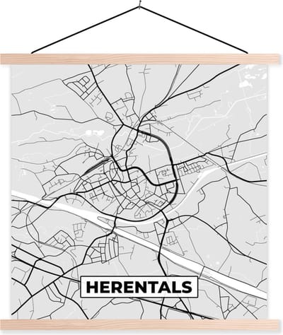 Posterhanger incl. Poster 40x40 cm - Schoolplaat - België – Herentals – Stadskaart – Kaart – Zwart Wit – Plattegrond - Textielposter - Blanke latten - Stadskaart