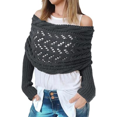 Gevlochten Ontwerp Mouwige Wrap Met Mouwen Effen Kleur Holle Twist Haakpatroon Dames Sjaal Sjaal Boheemse Stijl Trui Sjaal black