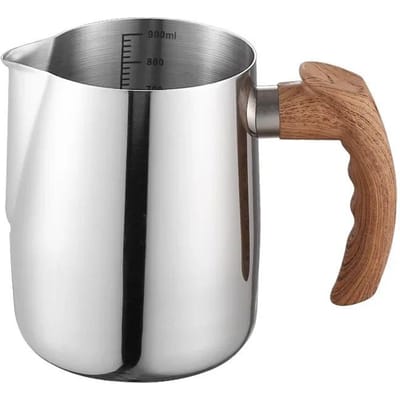 Pichet à lait en acier inoxydable 304 pour mousser le lait pour le café, avec échelle, manche en bois, bec aigle, café latte, accessoires de cuisine de café 600ML gray