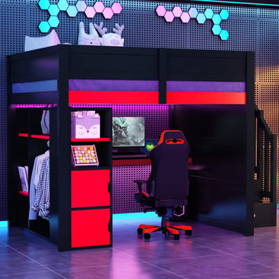 Gaming bed - 140x200 cm - Hoogslaper met Bureau en Led - USB en Kasttrap - Hout - Zwart en Rood