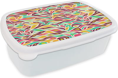Broodtrommel Wit - Lunchbox Bladeren - Lijn - Patronen - Brooddoos 18x12x6 cm - Brood lunch box - Broodtrommels voor kinderen en volwassenen
