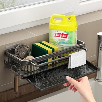 PromoHome Keuken Gootsteen Organizer met Afvoerpan en Handdoekhouder - Zwarte Muurmontage