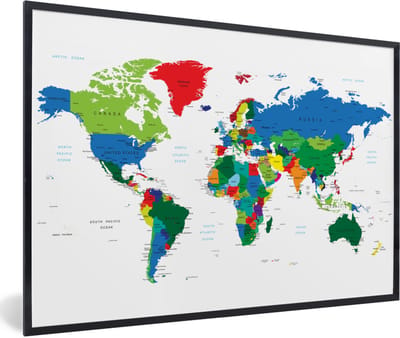 Poster in lijst - Fotolijst 90x60 cm - Posters - Wereldkaart - Kleuren - Topografie - Kinderen - Jongens - Meisjes - Posterlijst zwart - Decoratie - Wanddecoratie woonkamer - Muurdecoratie slaapkamer