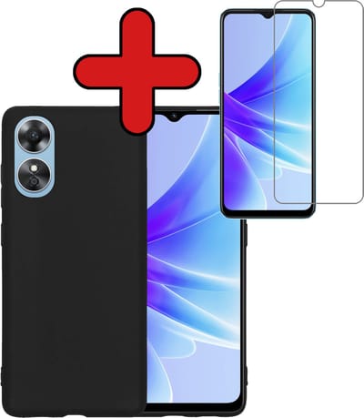 Hoesje - Met Screenprotector - Geschikt voor OPPO A17 - Sterk & Shockproof - Telefoon Hoes - Back Cover - Siliconen Case - Telefoonhoes - Zwart