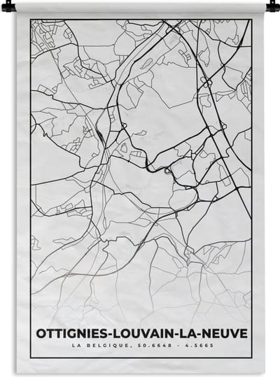 Wandkleed - Wanddoek - België – Ottignies Louvain la Neuve – Stadskaart – Kaart – Zwart Wit – Plattegrond - 120x180 cm - Wandtapijt