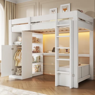 Hoogslaper 90x200 met bureau - kledingkast - planken en lades - LED-verlichting - USB-aansluiting - witte hoogslaper voor kleine ruimtes